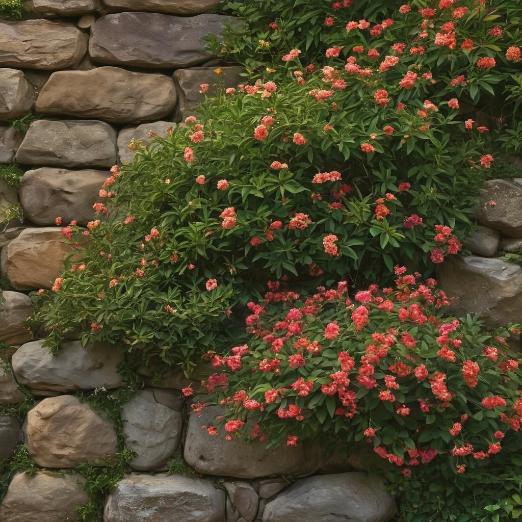 Flowering Bushes Over Stone Wall in Hudson River School Styl...