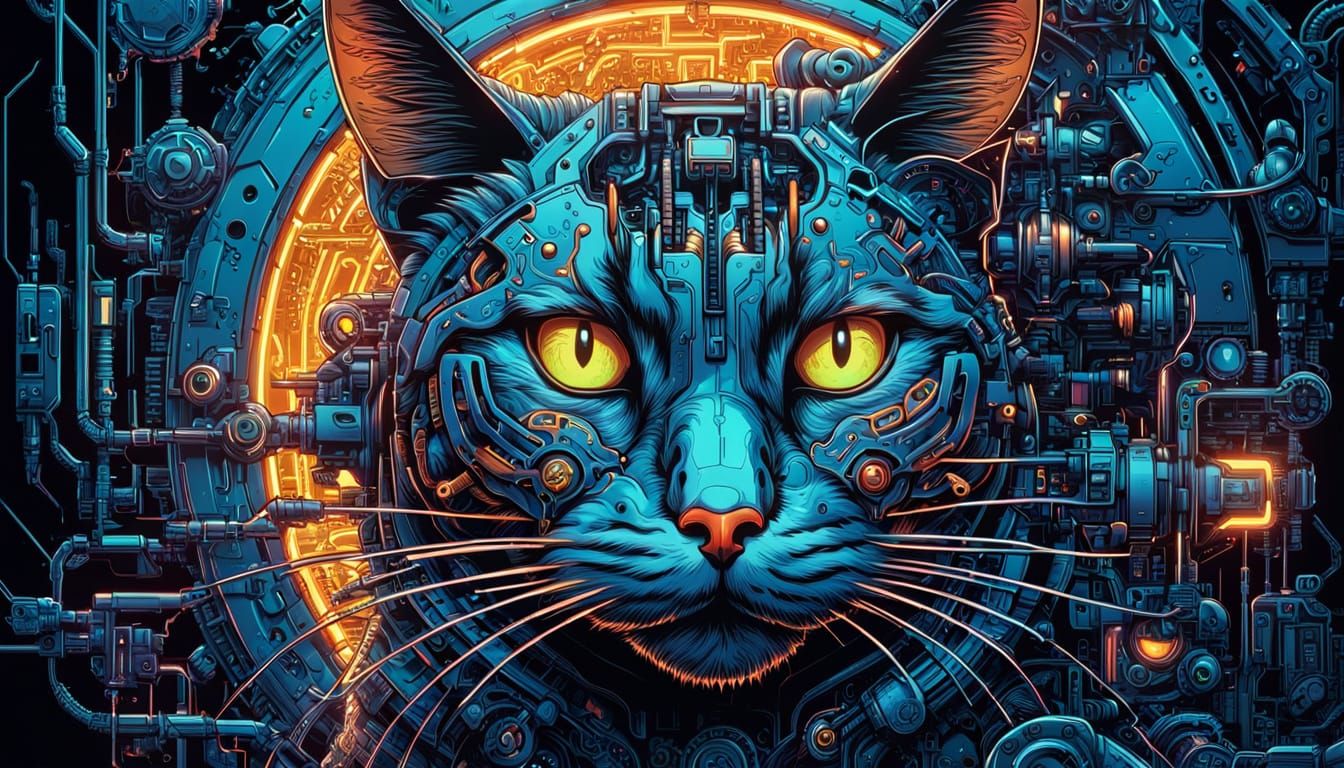 Surreal Biomechanical Cat Art in Comic Book Style