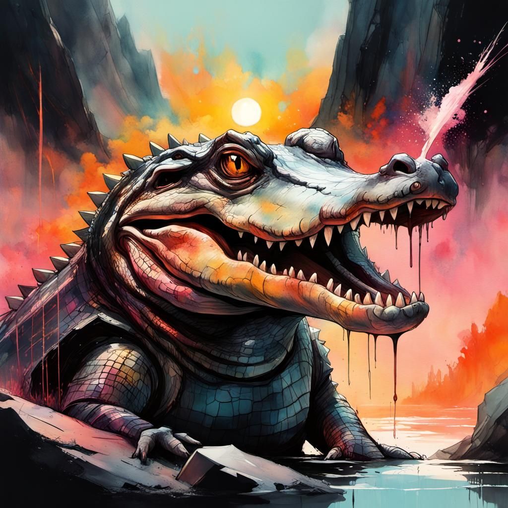 Godly Rock Alligator Sunset: 8K Pastel Watercolor