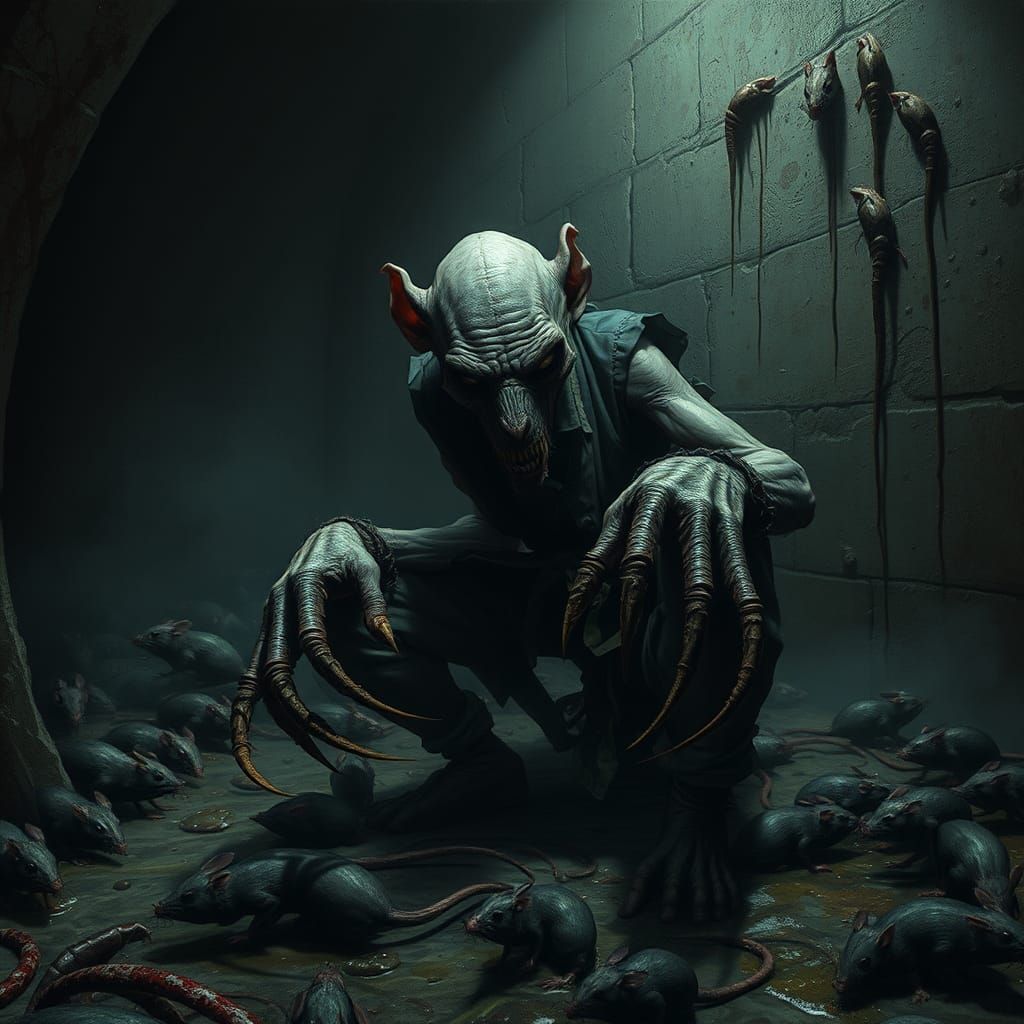 Rat-Hobo Hybrid in Sewer: Hyperrealistic Grotesque Art