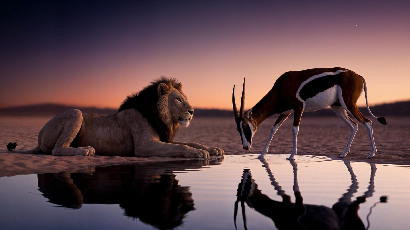 Lion and Gazelle at Dusk Waterhole: A Wildlife Truce