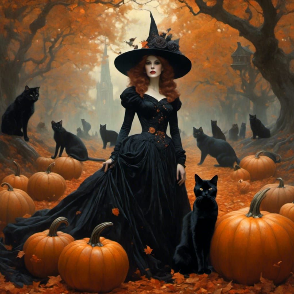Halloween Witch and Black Cat in Art Nouveau Style