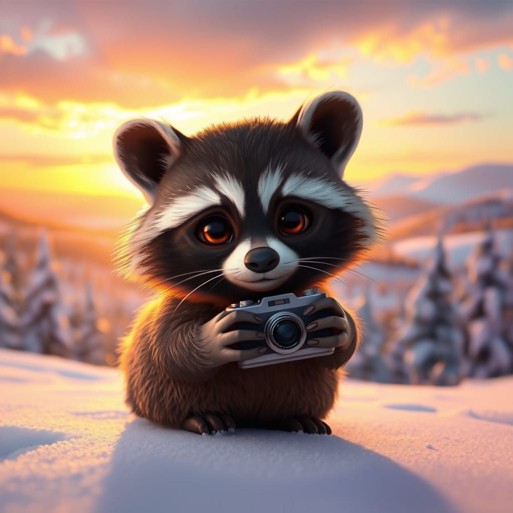 Cute Raccoon Photographer in Breathtaking Winter Landscape
