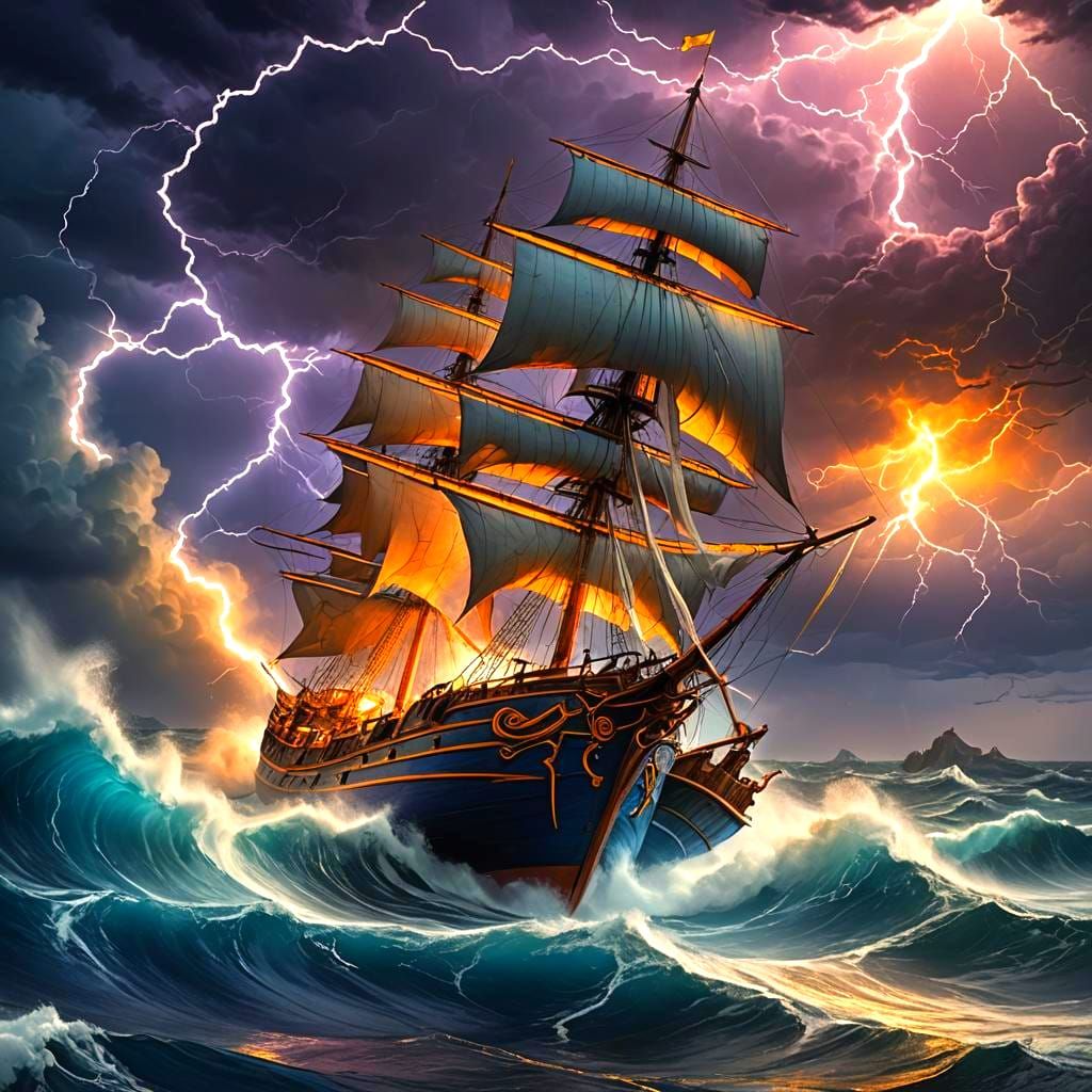 Lightning Strikes Boat at Sea: Fantasy Art