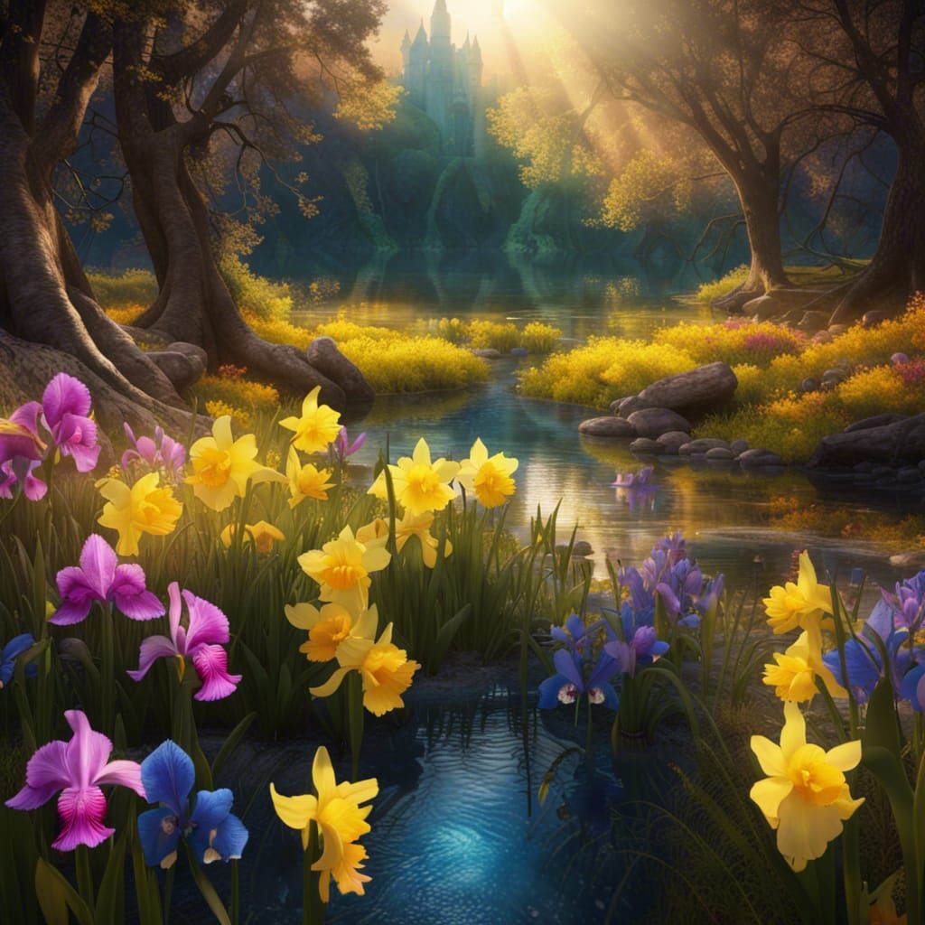 Victorian Valley of Iris and Daffodils in Sunlight