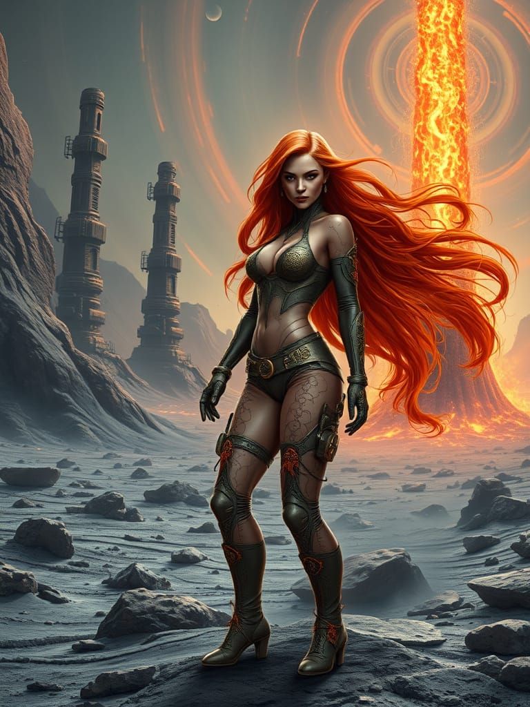 Terraformer on Alien World with Lava Fountain