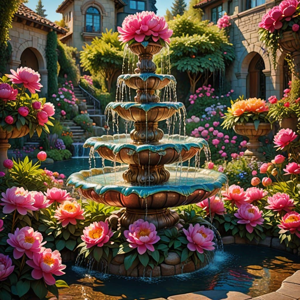 Whimsical Peony Garden Fountain in Fantasy Art Style