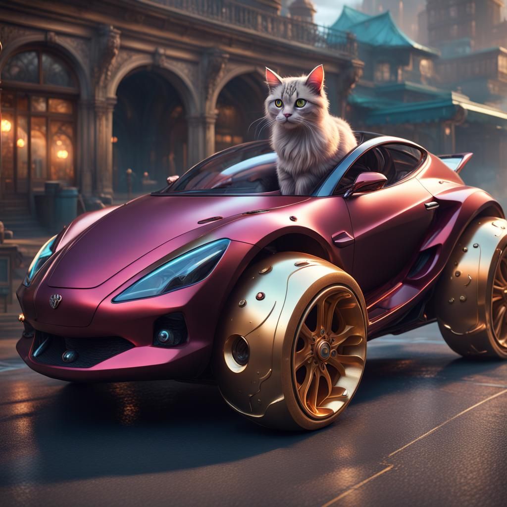 Cat-Car Biomorphism with Big Wheels in Detailed Matte Painti...