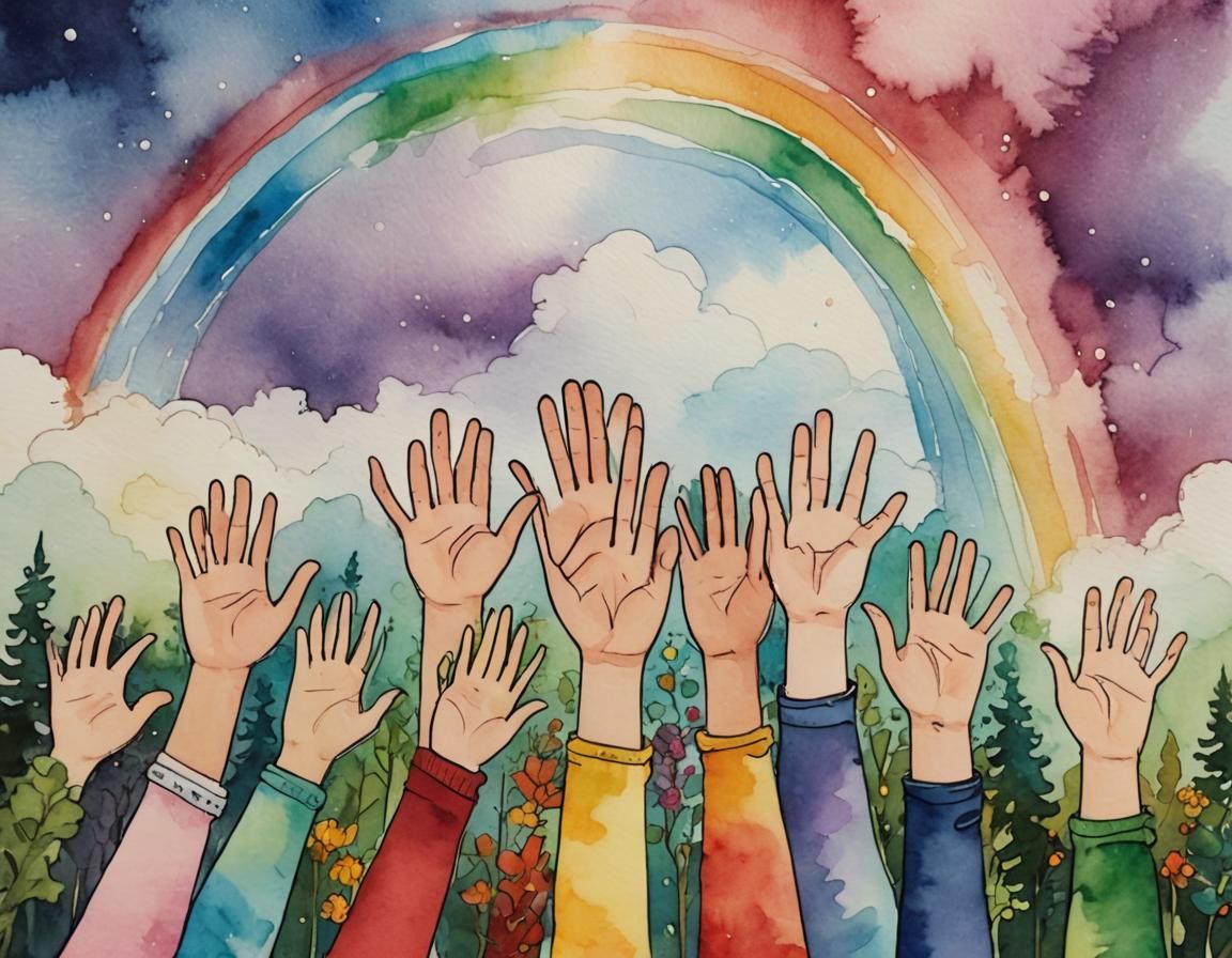 Hands Reach for Rainbow in Cottagecore Illustration