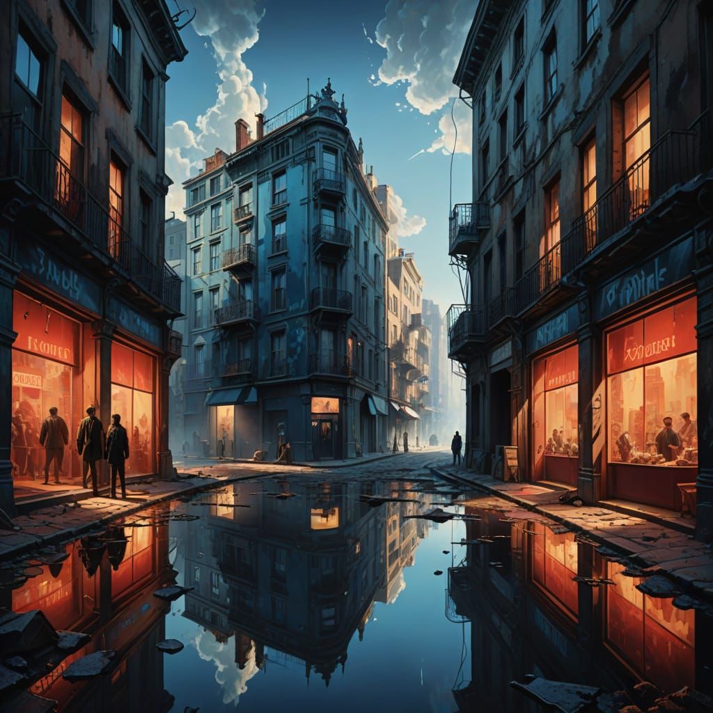 Surreal Cityscape Mirror Image with Contrasting Tints