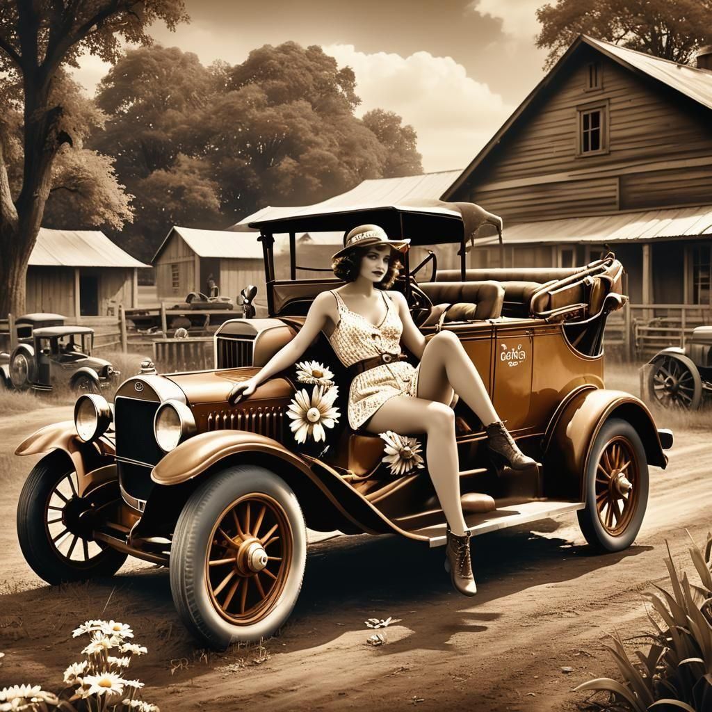 1920s Woman Lounging on Ford T Car: Sepia Photo