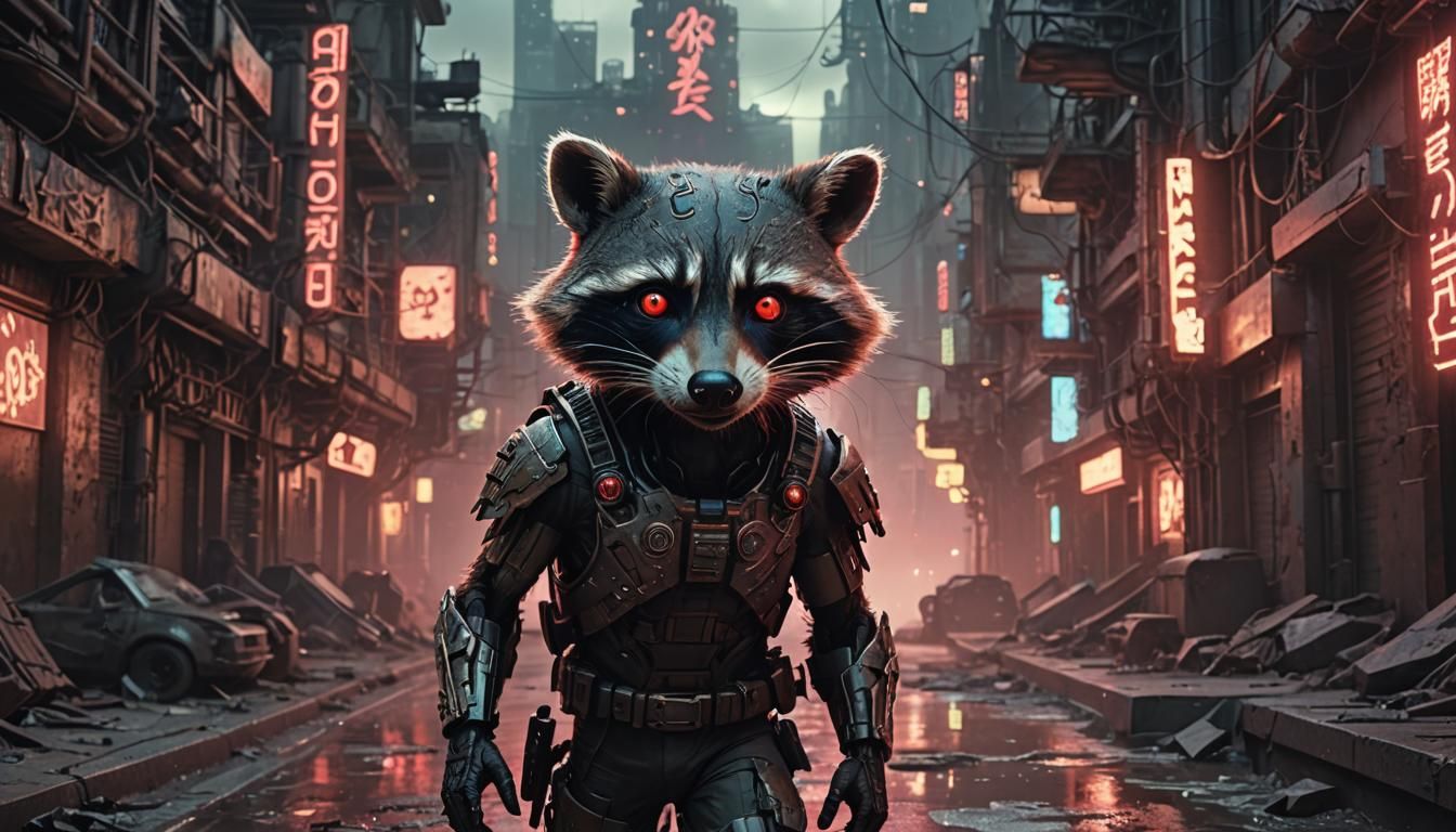 Racoon Blade Runner Chasing Cyborgs