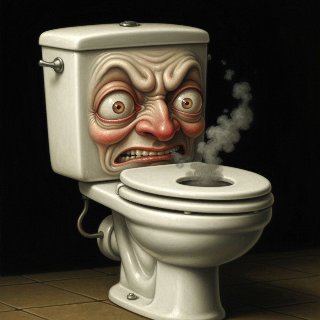 Toilet Reacts to Foul Odor in Surreal Dark Humor Style