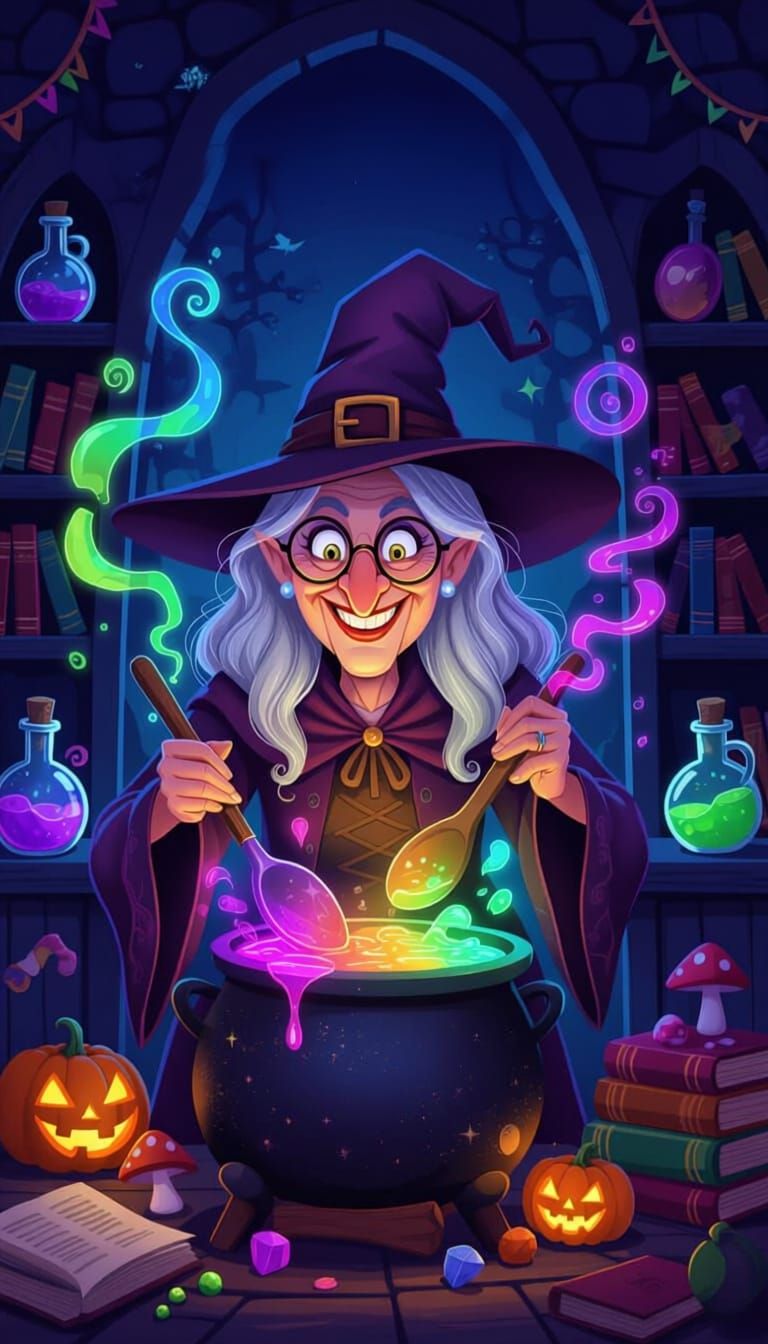 Mischievous Witch Brews Colorful Potion in Cartoon Style