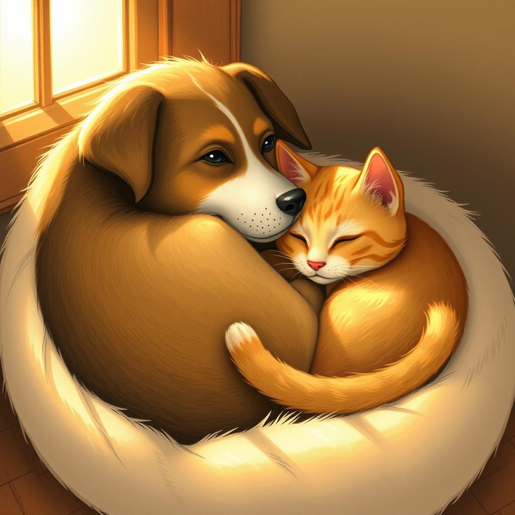 Dog and Cat Napping, Illustrated Style