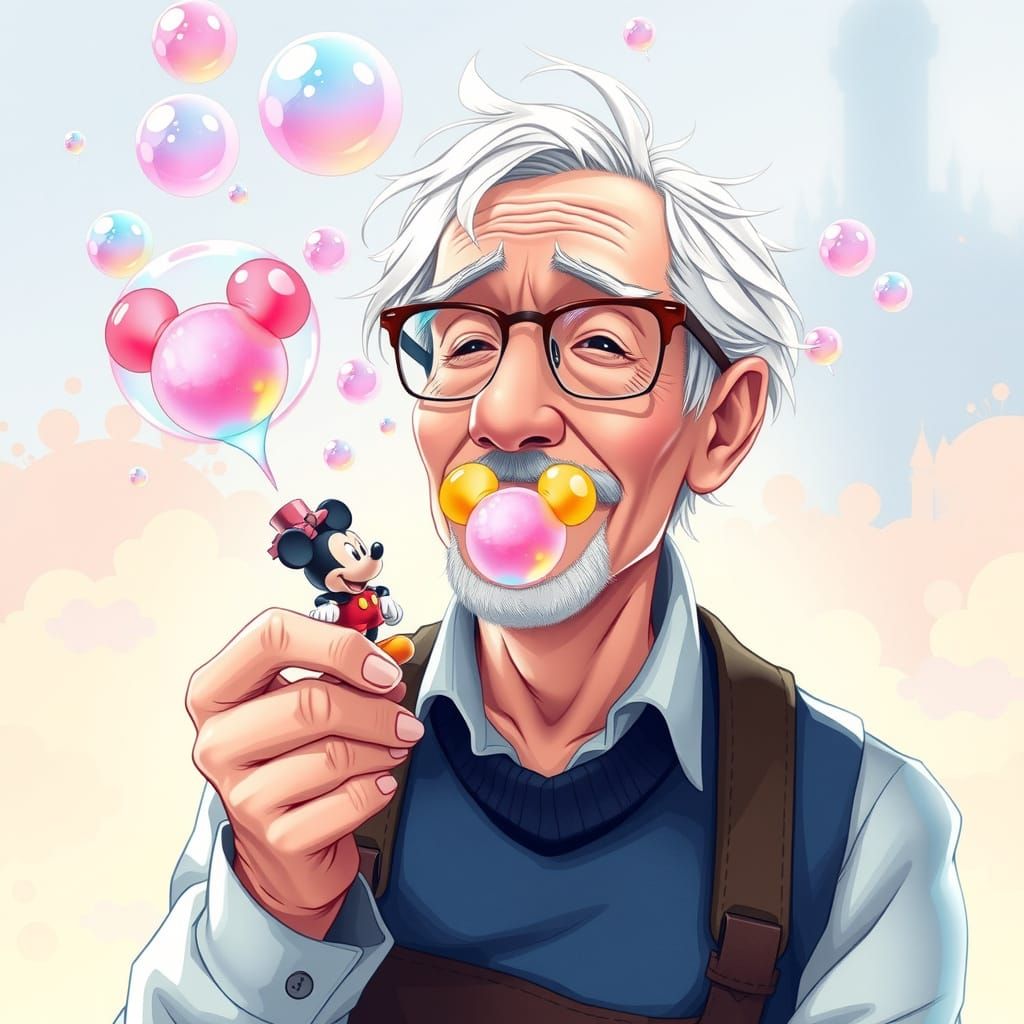 Whimsical Old Man Blows Pink Gum Bubbles into a Mickey Mouse