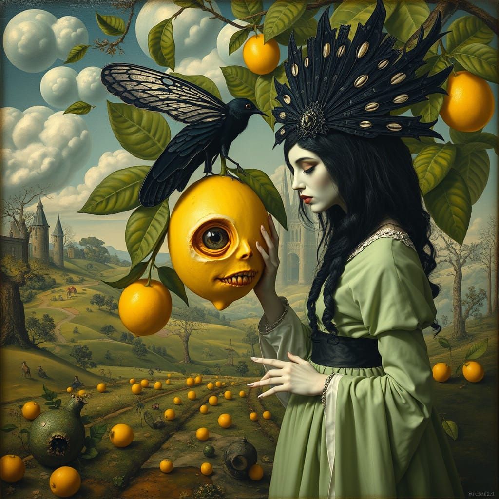 Gothic Lemon Goddess in a Dreamlike Landscape