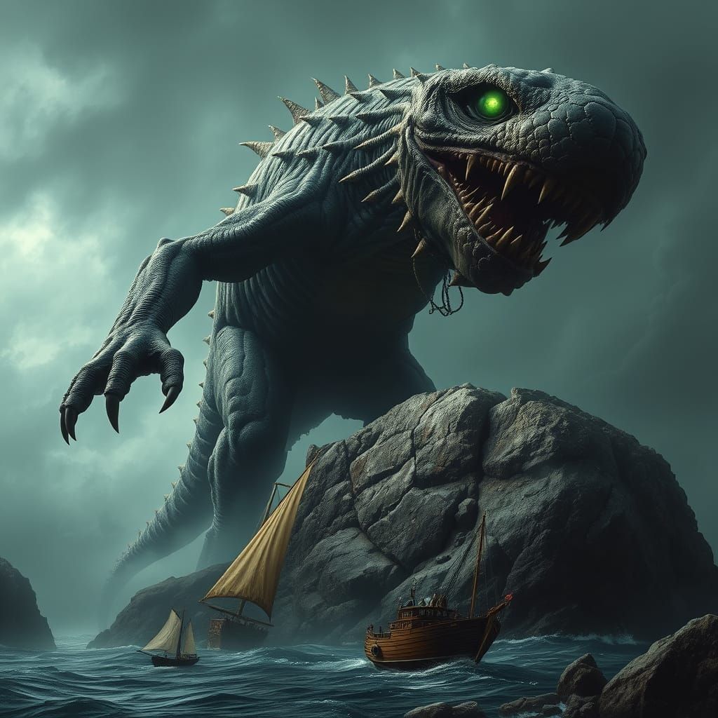 Cyborg Cyclops Hunts Sailboat in Gritty, Dark Fantasy Landsc...