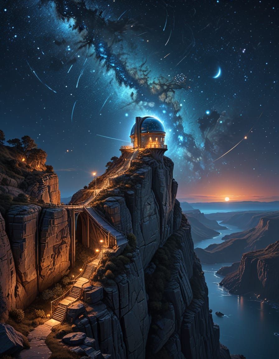Observatory watching the cosmos from a cliff at night
