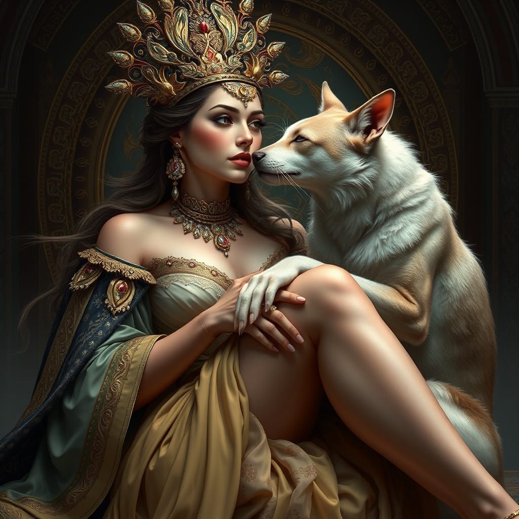 Regal Woman Surrounded by Tender Fantasy Creatures in Matte ...