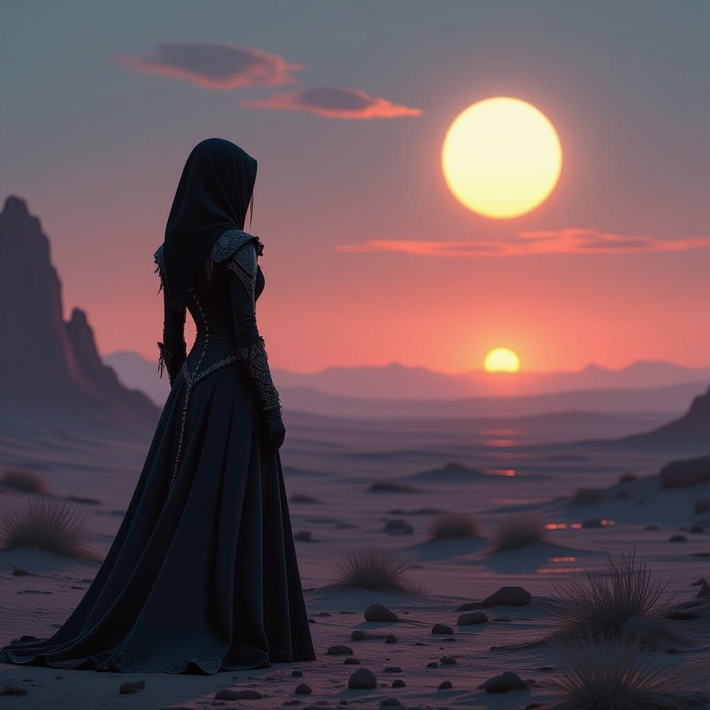 Goth Woman Watches Binary Sunset on Alien Planet
