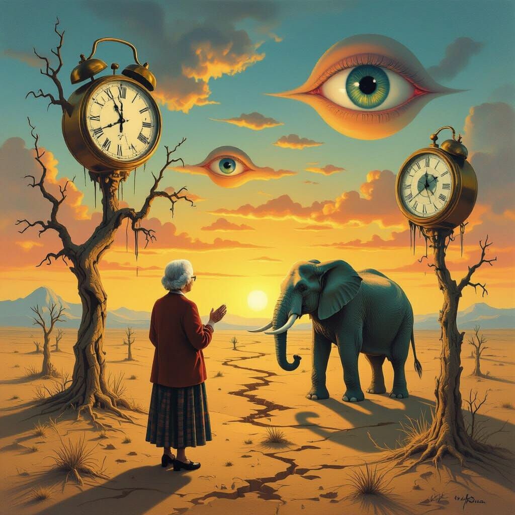 Elderly Woman in Astonishing Surreal Dalí Landscape