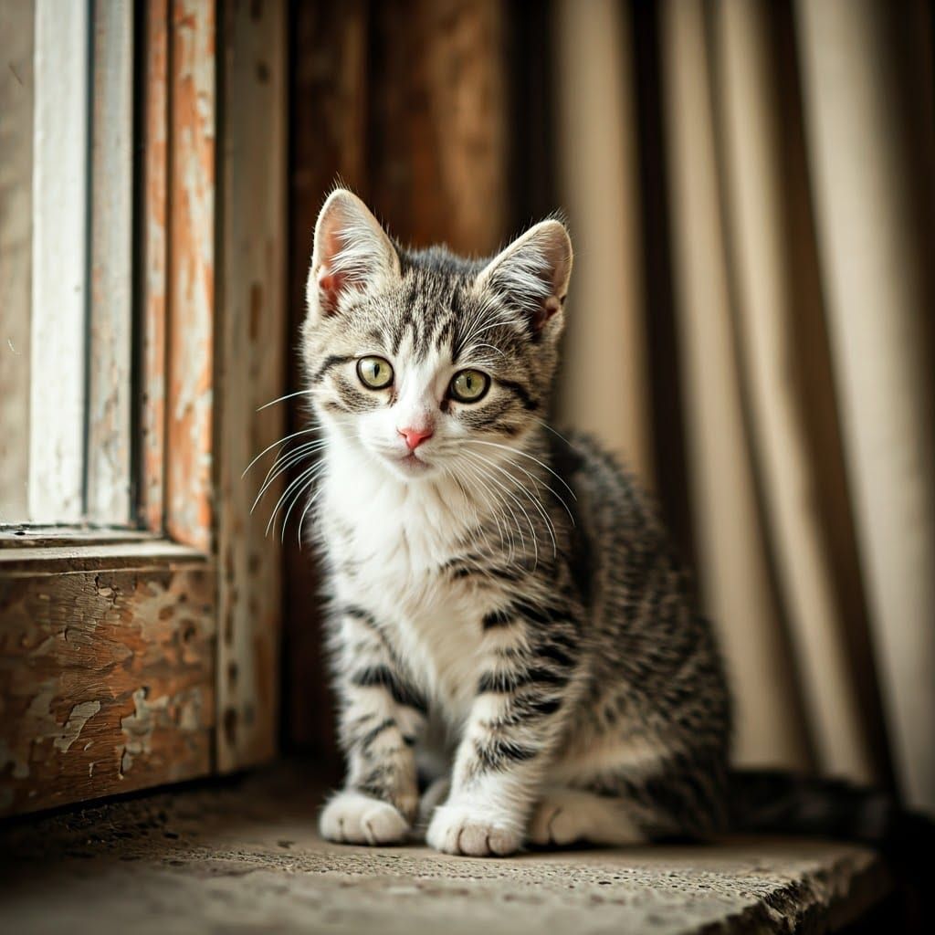 Grey and White Kitten Sitting on Worn Stone Windowsill in Wh...