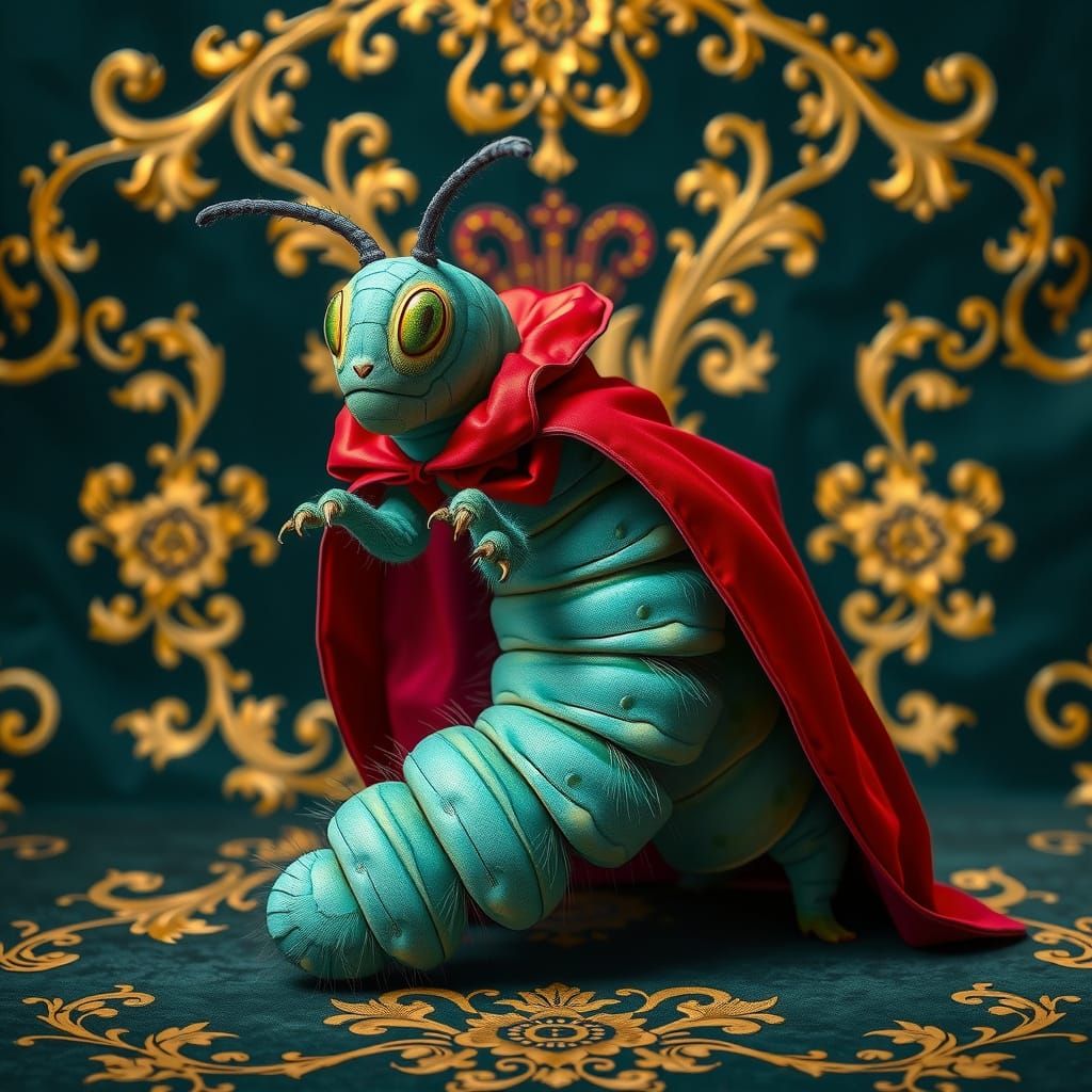 Turquoise Caterpillar in Opulent Red Cape, Velvet Backdrop, ...