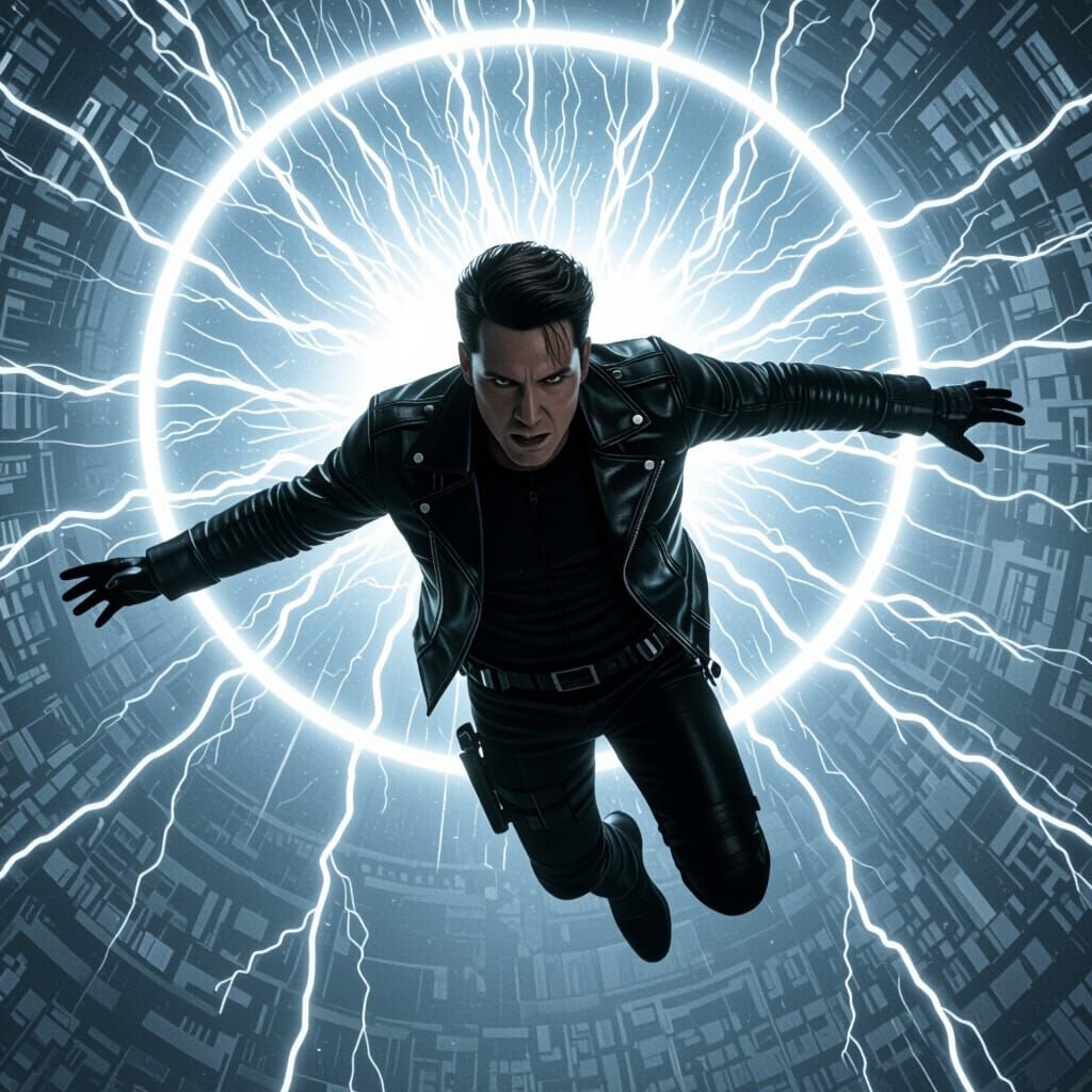 Figure Falling with Electricity in Cyberpunk Style