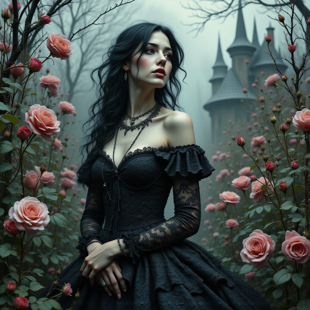 Gothic Woman in Rose Garden: a Dark Romantic Vision