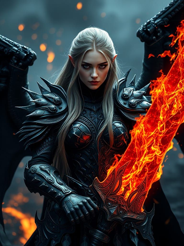 Warrior Woman with Fire Sword in Dragon Armor
