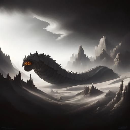 Dune Sandworm Emerges from Desert in Dramatic Light