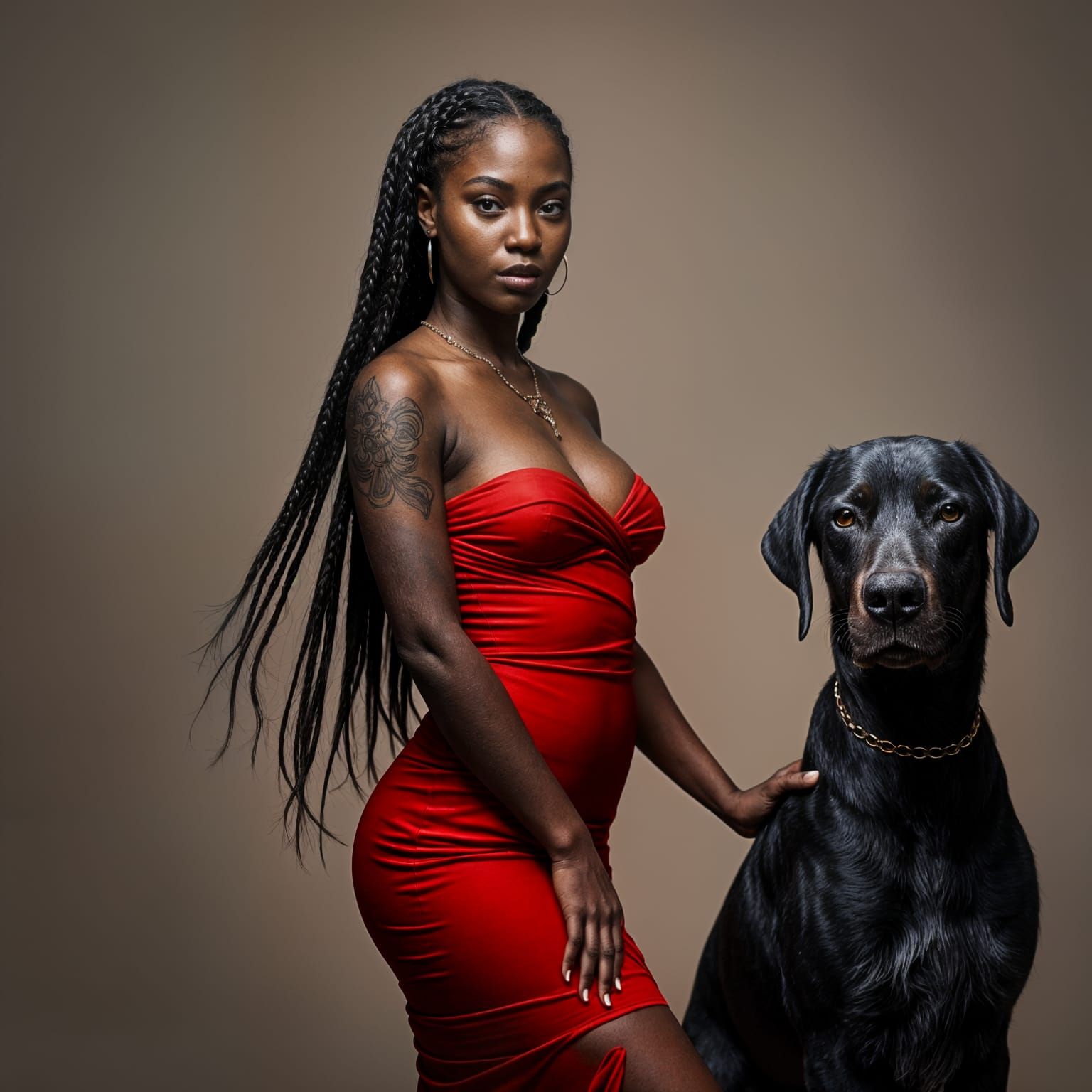 Elegant Tattooed Woman in Red Dress: 4K Realism