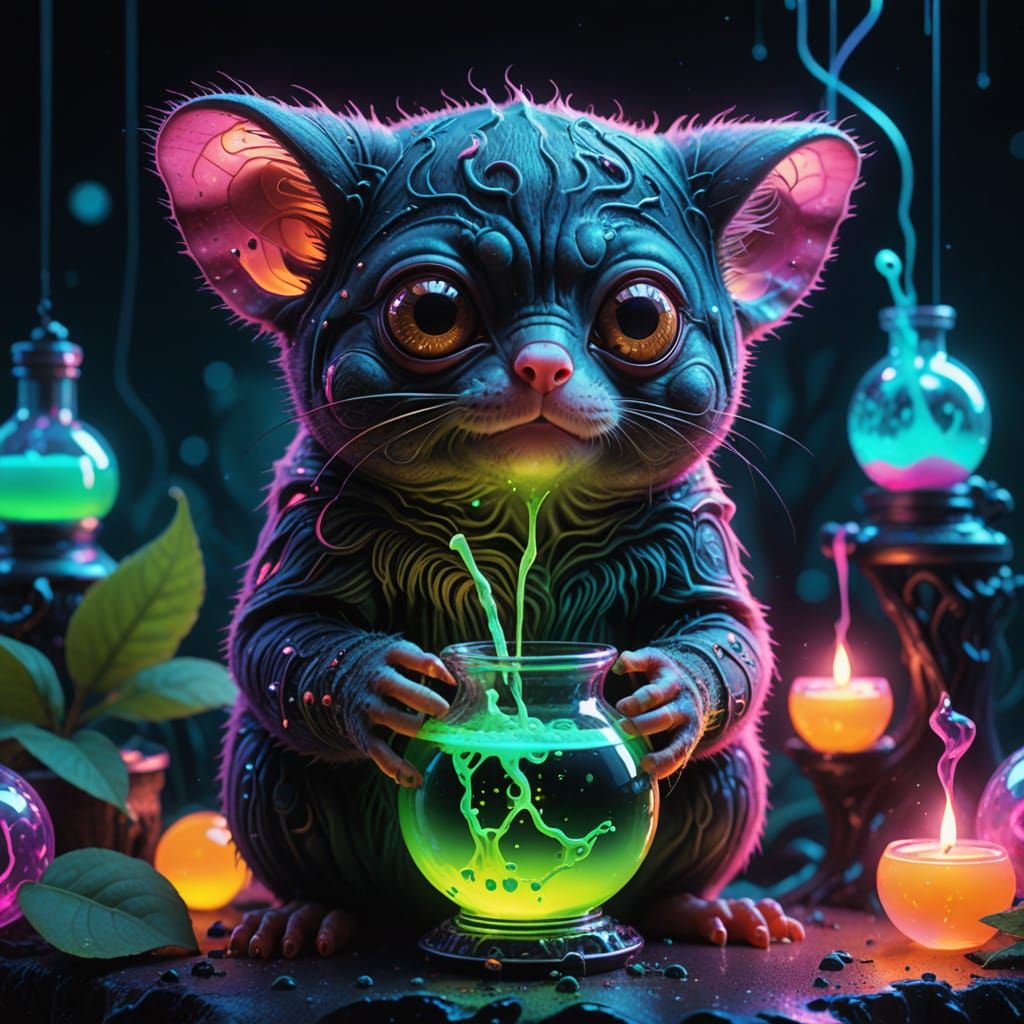 Surreal Tarsier Holds Enchanted Elixir in Neon Dreamscape