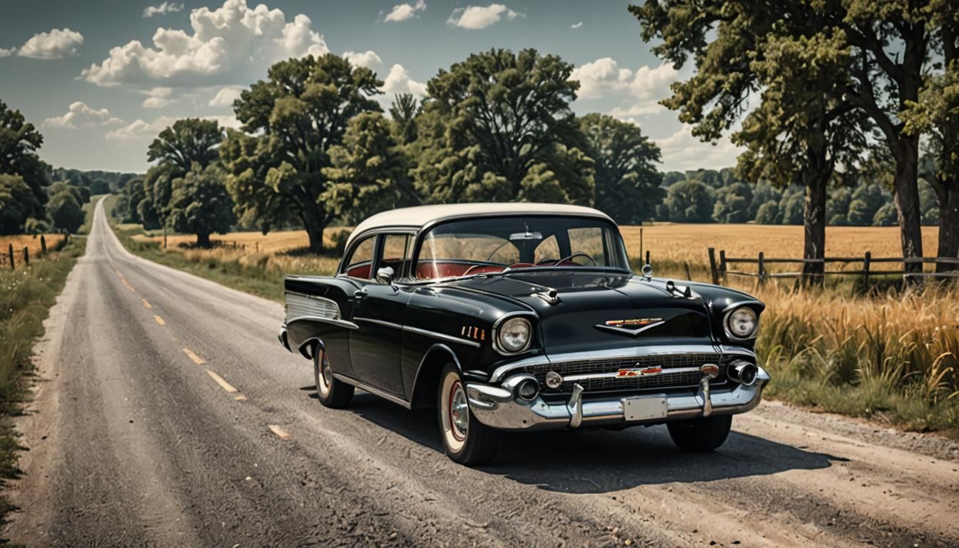 Black 1957 Chevy on Country Road: Hyperrealistic Photo