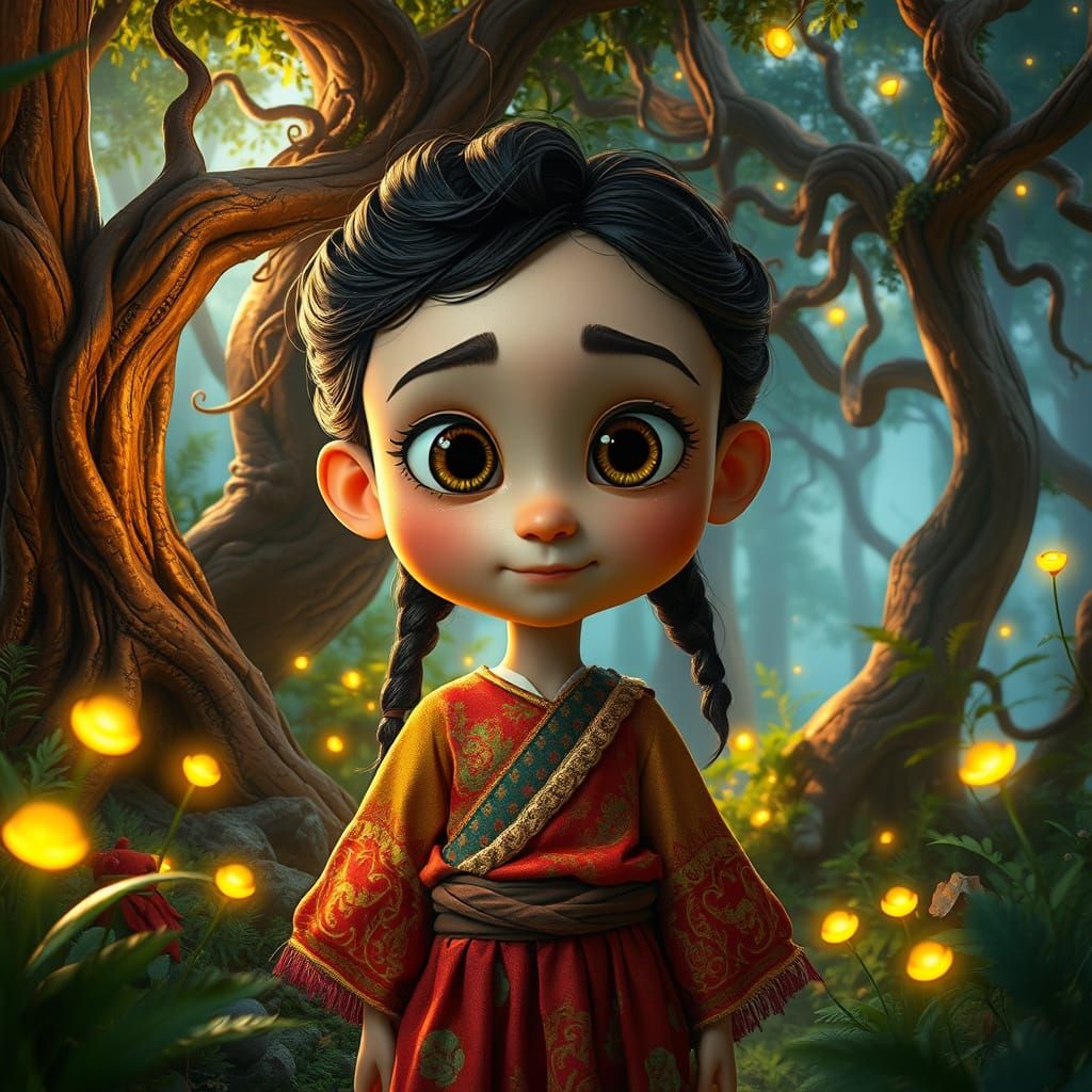 Whimsical Girl in Enchanted Forest, Pixar-Style