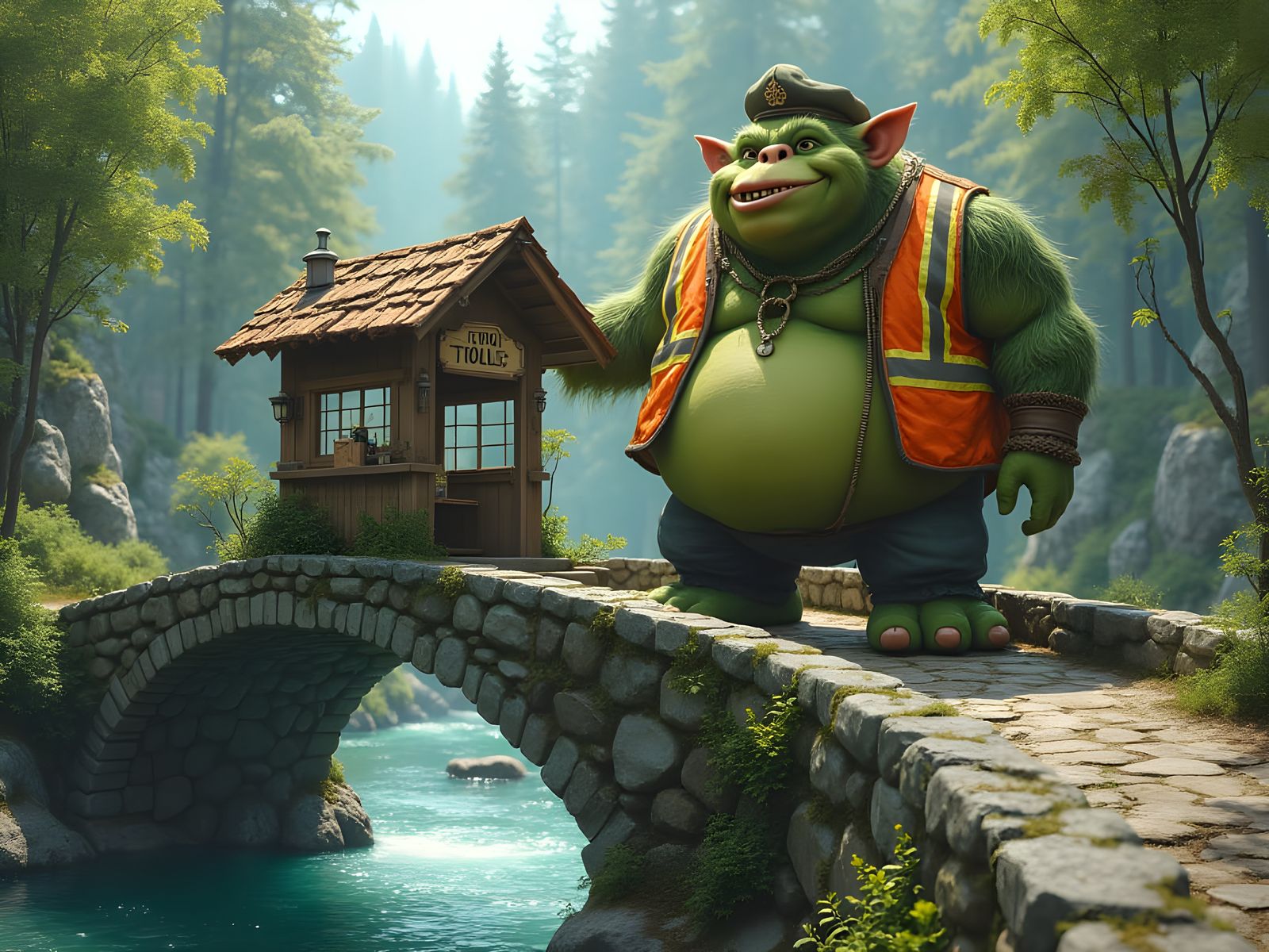 Whimsical Troll Toll-Booth Scene in Fantasy Landscape