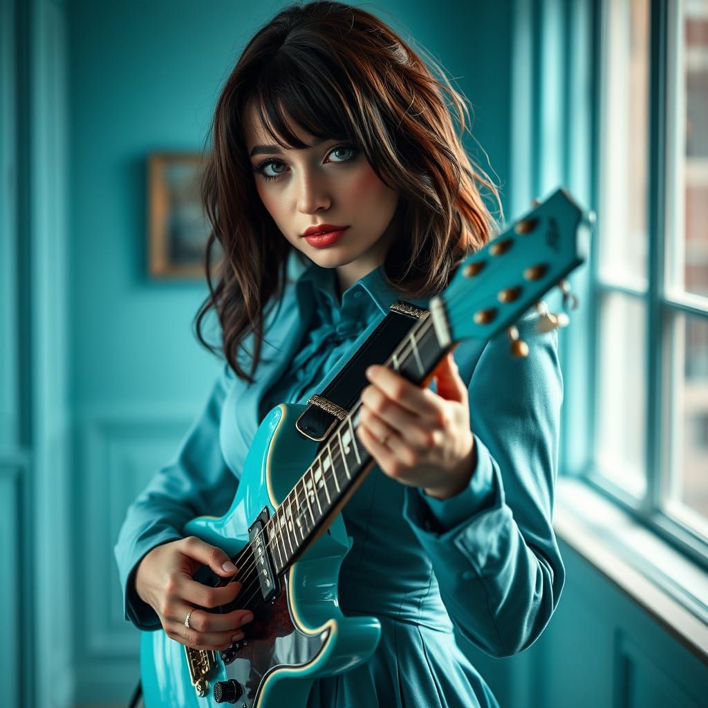 Emo Woman with Turquoise Guitar, Hyperrealistic Style