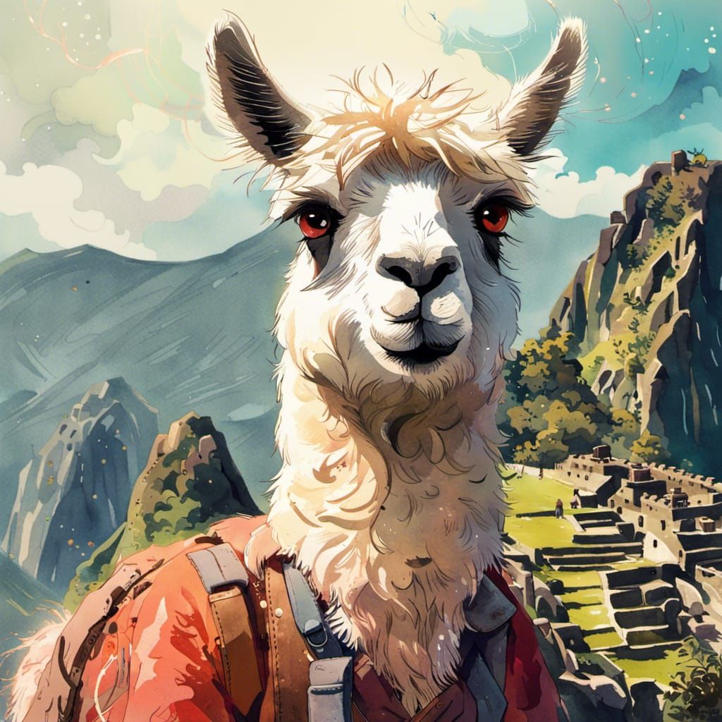 Llama backpacker at Machu Picchu