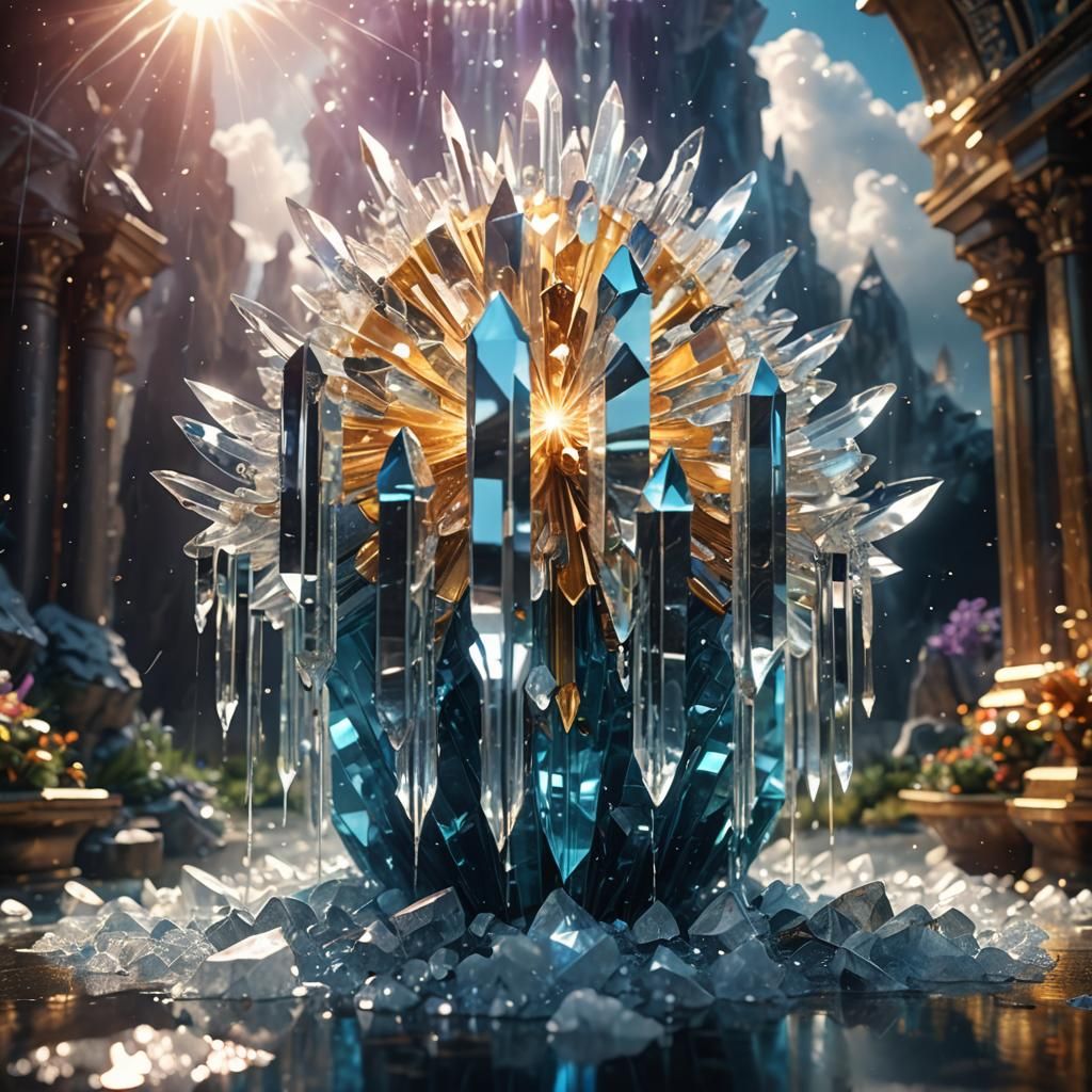 Glowing Geometric Crystal Fountain in Divine Light