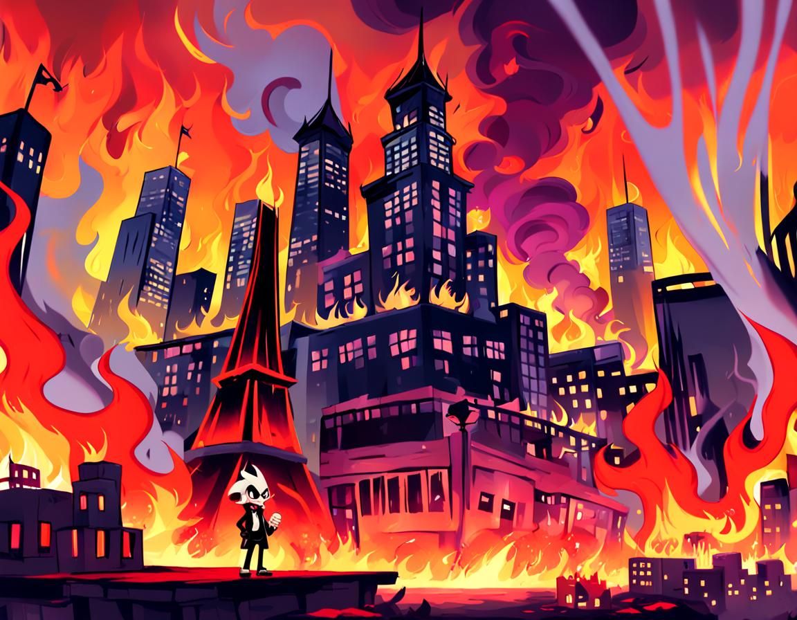 Hazbin Hotel Characters in Hellish Cityscape