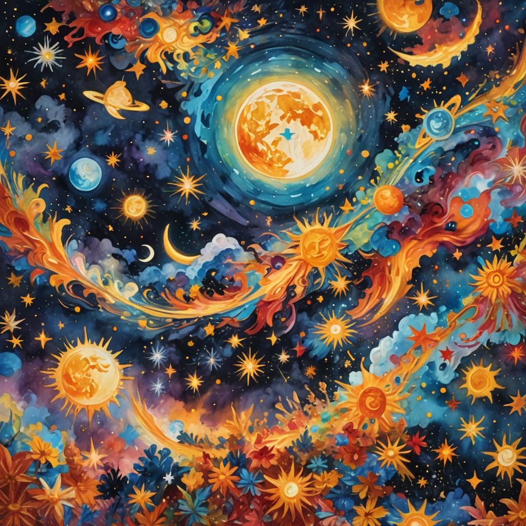 Vibrant Night Sky: A Gouache Maximalist Masterpiece