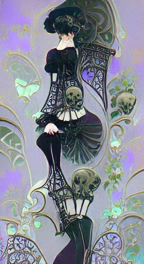 Art Nouveau Victorian Goth Magical Girl with Skulls