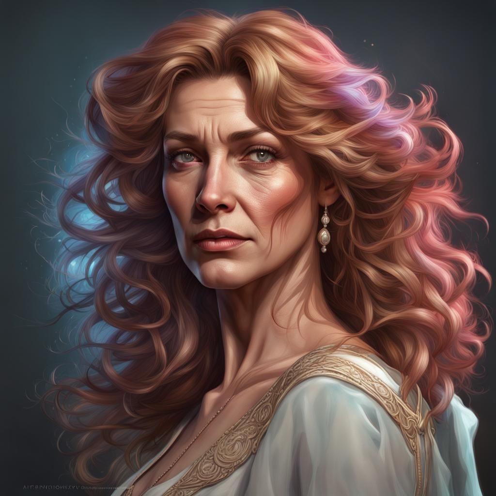 Detailed Portrait of Curly Haired Woman in Art Nouveau Style