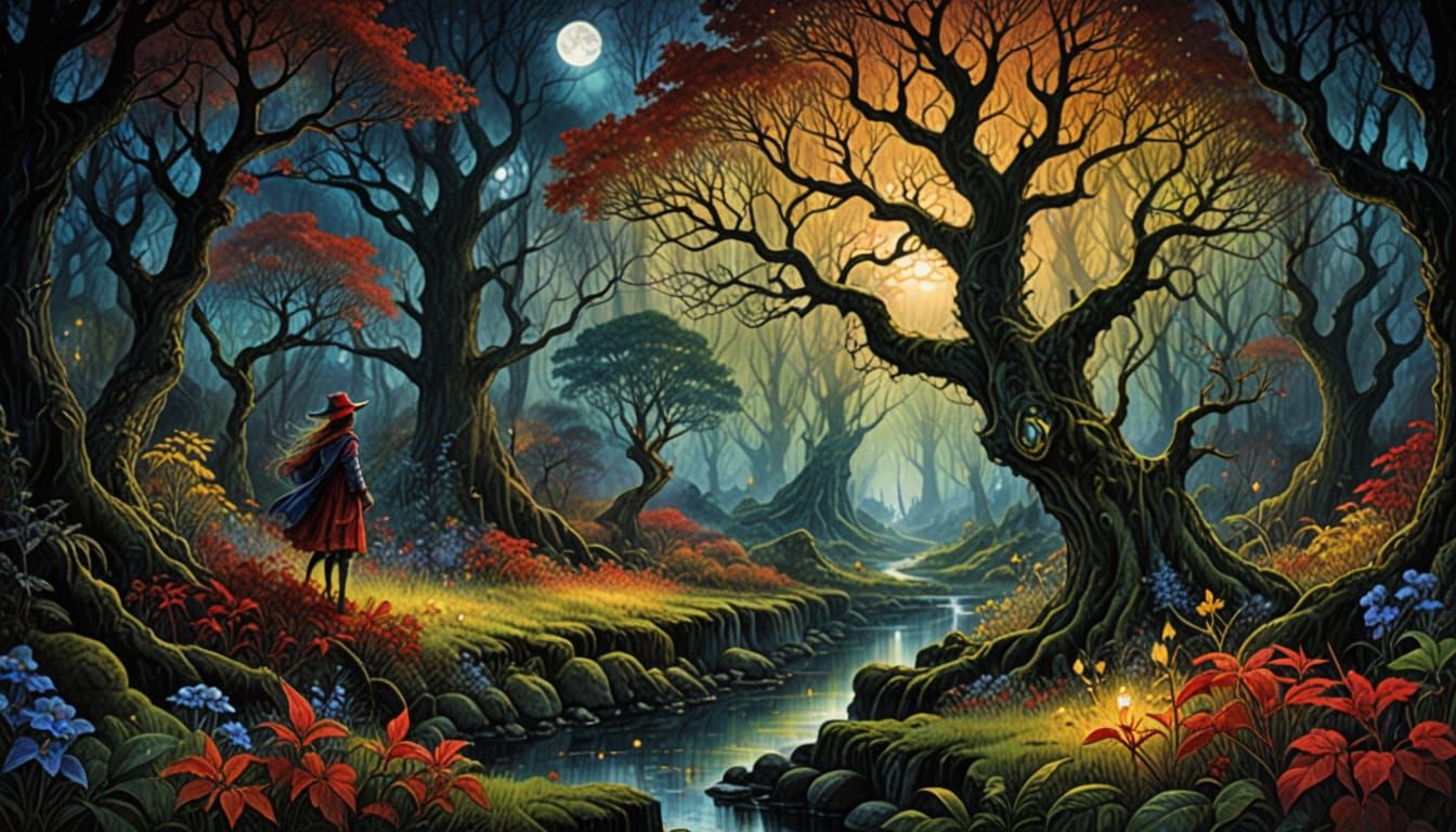 Surreal Forest Garden with Watching Eyes