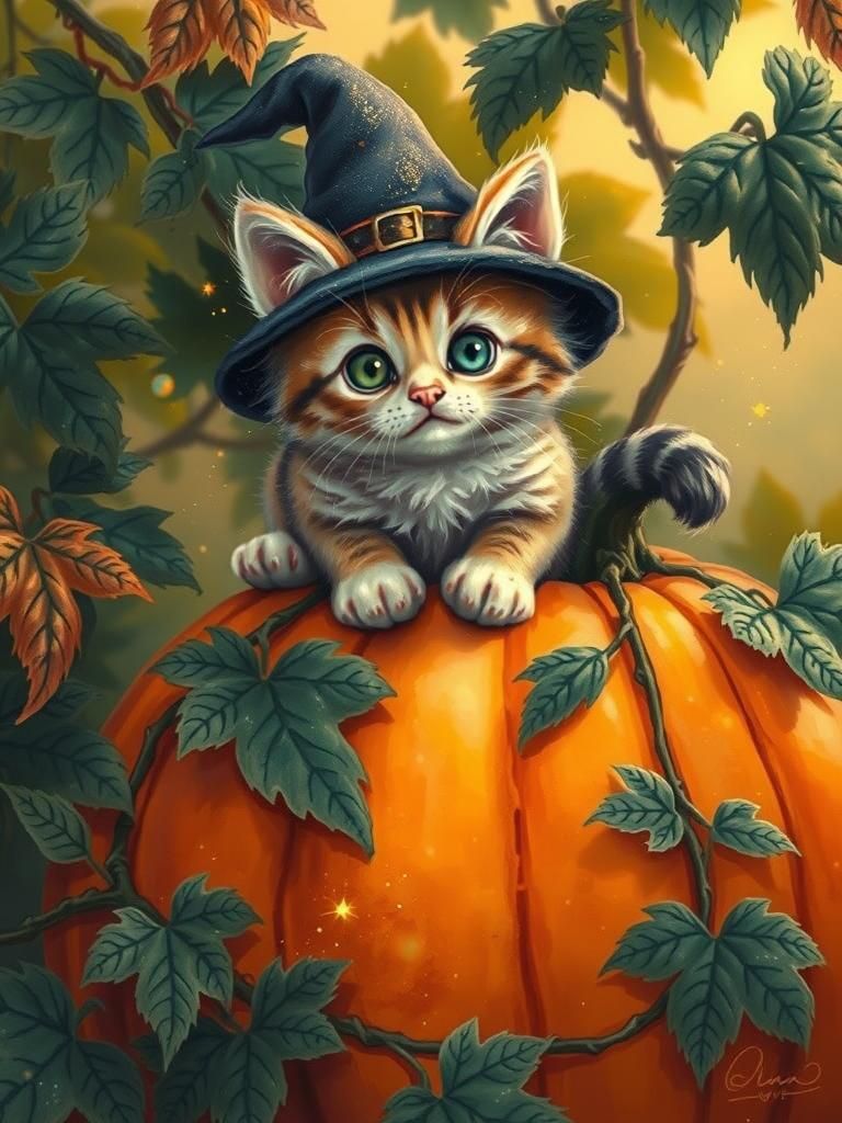 Kitten in Witch Hat on Pumpkin, Watercolor Style