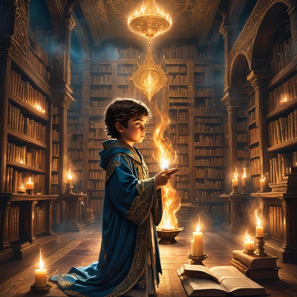 Child Lights Candle of Knowledge in Fantasy Library