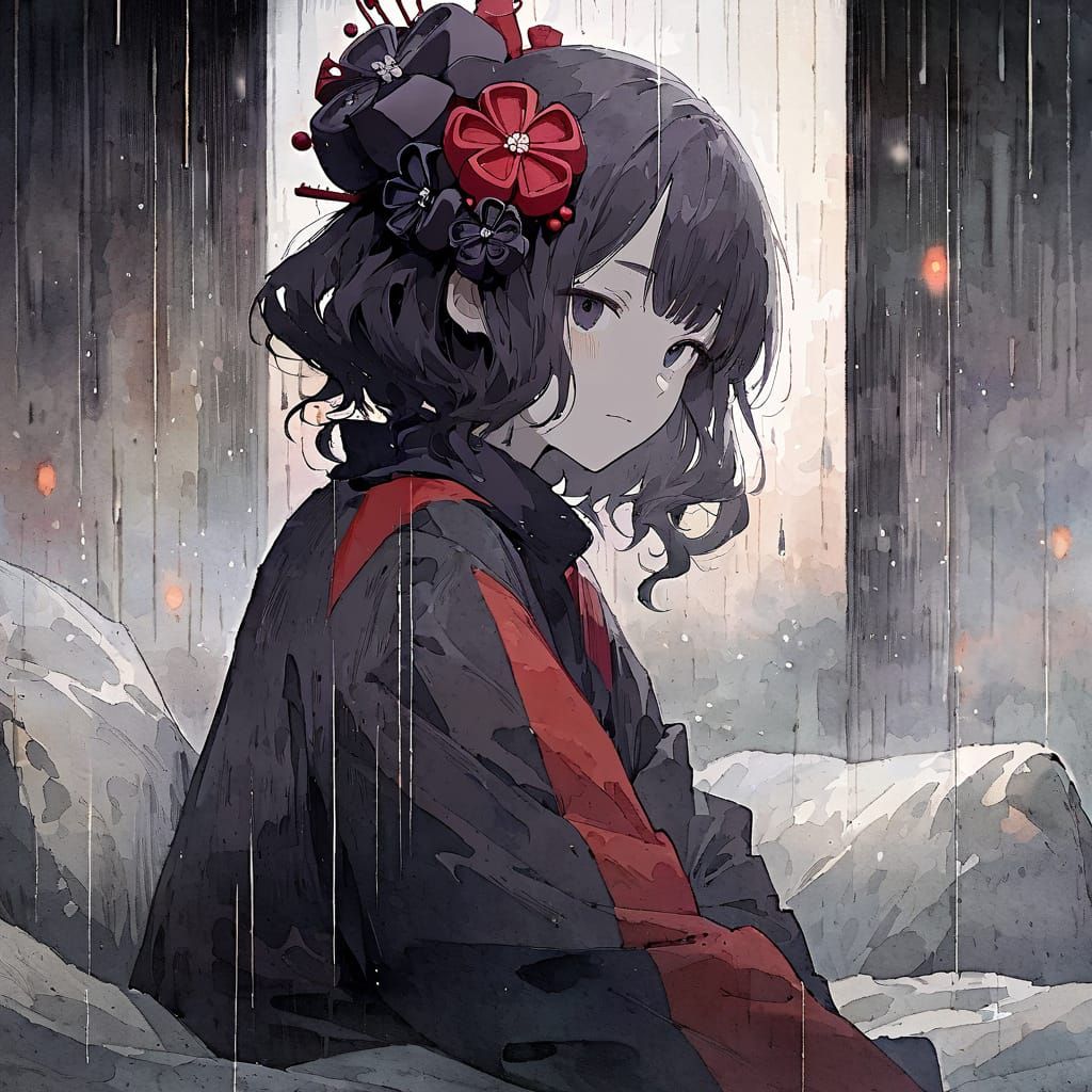 Moody Anime Portrait in Watercolor Style