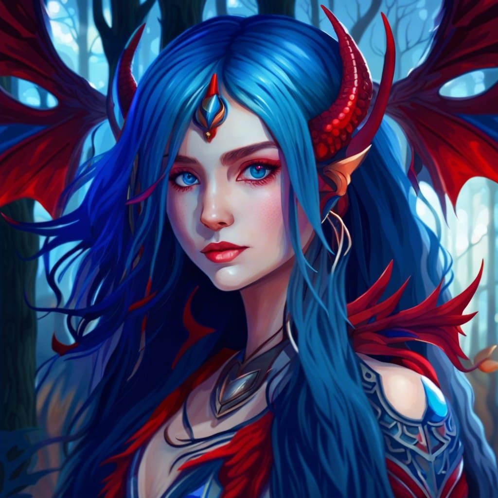 Dragon Woman with Forest and Moon Background