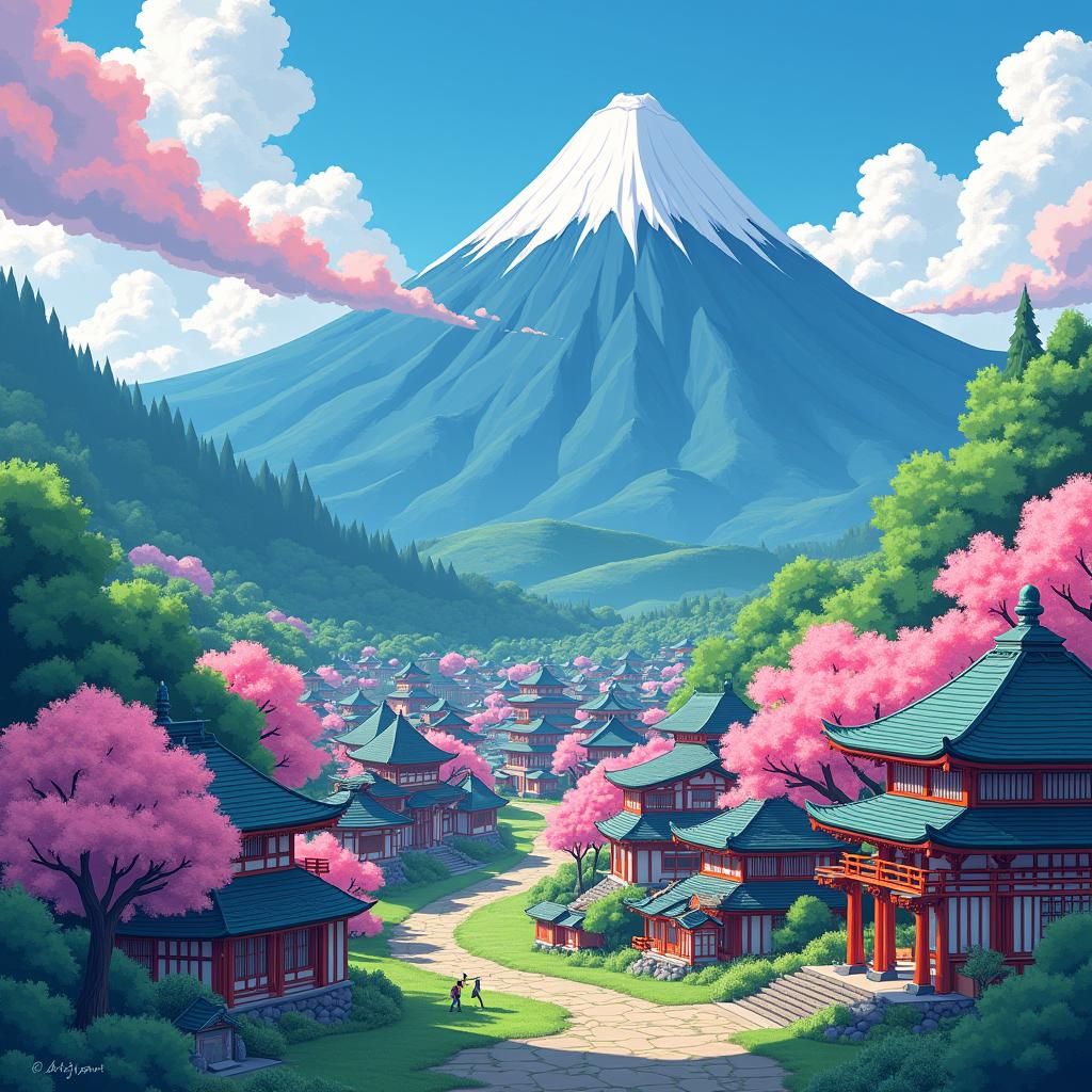 Colorful Japanese Village Scene in Cartoon Style